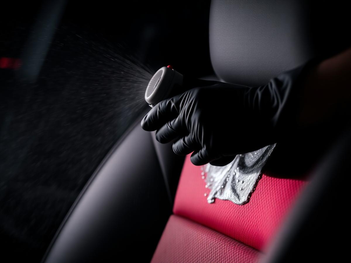 Interior car detailing in progress with steam cleaning on a vehicle seat